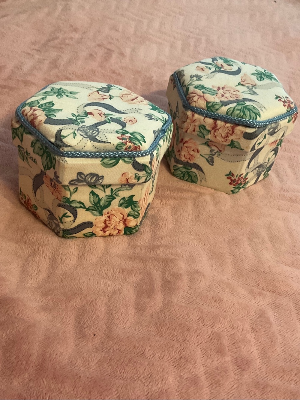 Floral Hexagon Jewelry Boxes in Cream and Blue - Brand Unspecified